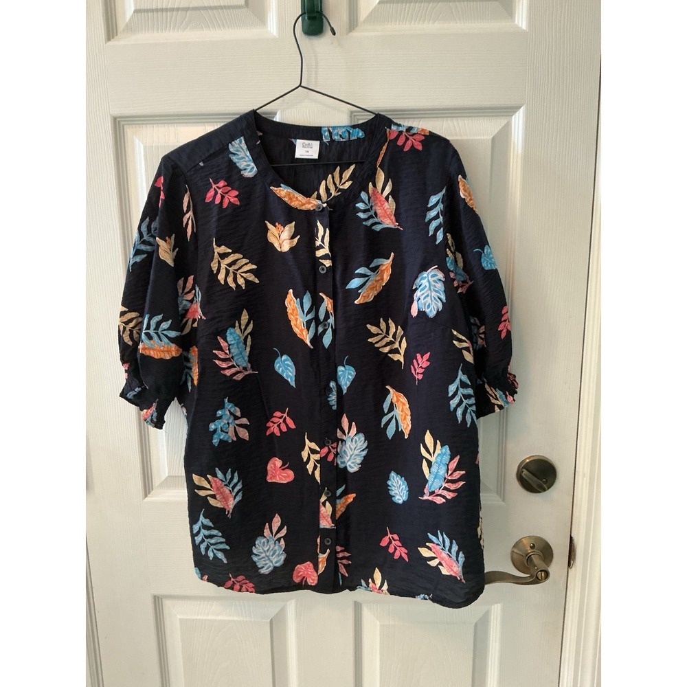 Croft & Barrow 1X Navy Floral Leaf Print Button Front Blouse Rayon Blend